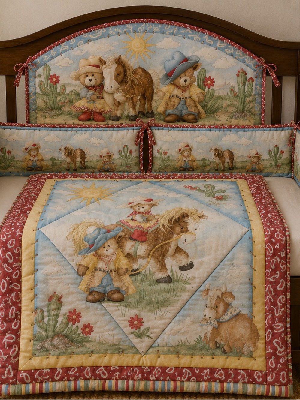 VTG 2005 Dolly Inc 3D Plush Cowboy Teddy Bear 3Pc Nursery Bedding Set Jan Marie